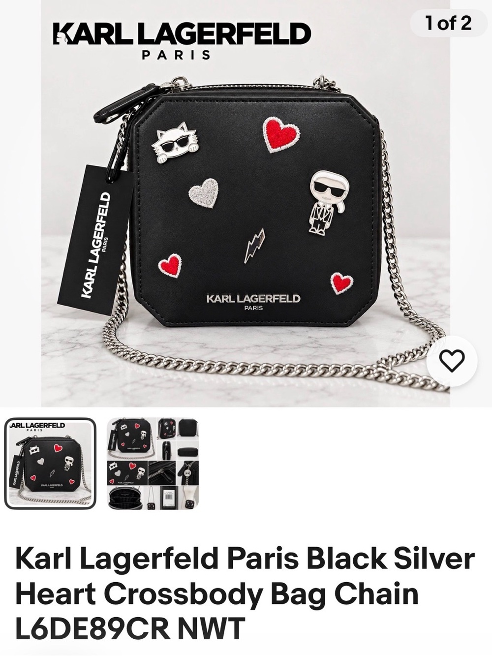 Karl Lagerfeld Paris Black Heart Crossbody Bag with Silver Chain
